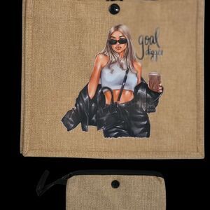 Stylish Tan Tote Bag with Graphic Design